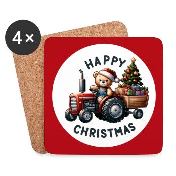 Teddy als Weihnachtsmann mit Traktor - Untersetzer (4er-Set) - Weiß - Vorne