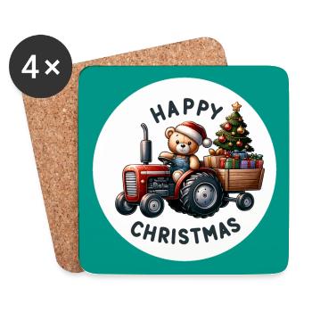 Teddy als Weihnachtsmann mit Traktor - Untersetzer (4er-Set) - Weiß - Vorne