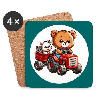 Teddybär und Kätzchen fahren Traktor mit Anhänger - Untersetzer (4er-Set) - Weiß - Vorne