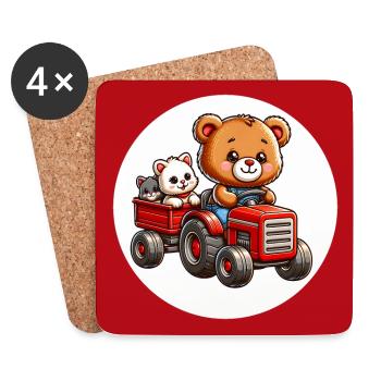 Teddybär und Kätzchen fahren Traktor mit Anhänger - Untersetzer (4er-Set) - Weiß - Vorne