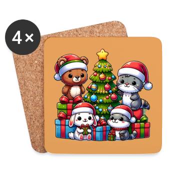 Teddy, Otter, Rabbit with Christmas Tree - Coasters (set of 4) - white - Front