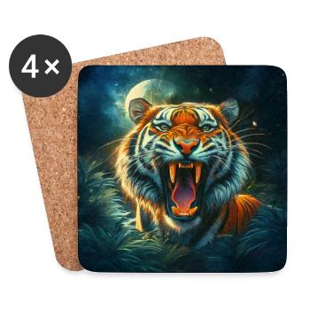 Tigre rugissant Jungle au clair de lune - Dessous de verre (lot de 4) - blanc - Devant