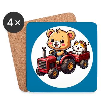 Teddybär und Kätzchen fahren Traktor mit Anhänger - Untersetzer (4er-Set) - Weiß - Vorne