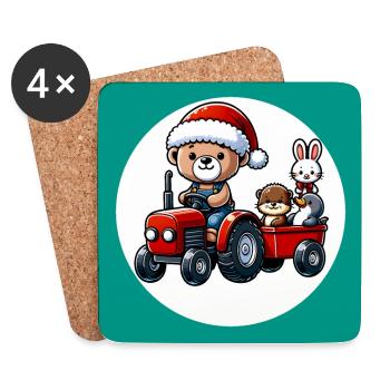 Teddybär fährt Traktor mit Kaninchen und Otter - Untersetzer (4er-Set) - Weiß - Vorne
