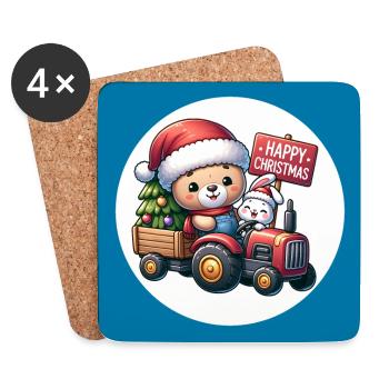 Teddy als Weihnachtsmann mit Traktor und Hase - Untersetzer (4er-Set) - Weiß - Vorne