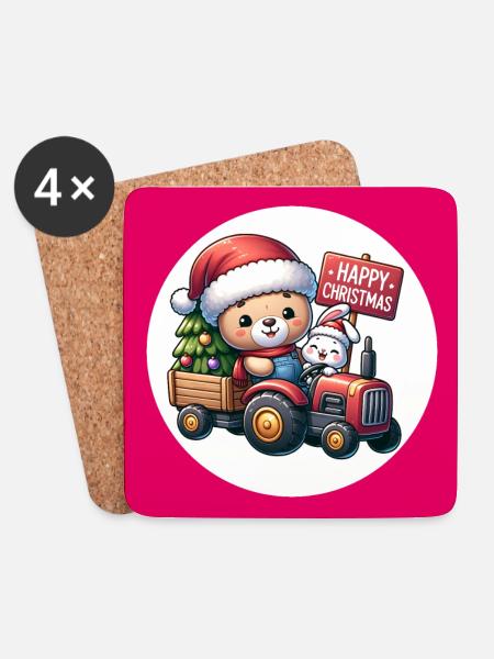 Teddy als Weihnachtsmann mit Traktor und Hase - Untersetzer (4er-Set) - Weiß
