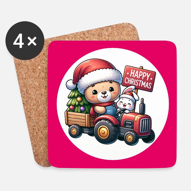 Teddy als Weihnachtsmann mit Traktor und Hase - Untersetzer (4er-Set) - Weiß