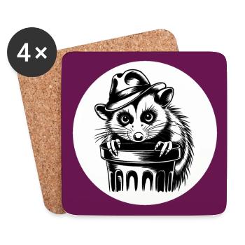 Possum with hat behind a garbage can - Coasters (set of 4) - white - Front