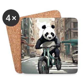 Panda on a bike in the city - Coasters (set of 4) - white - Front