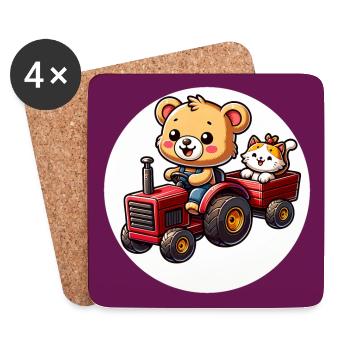 Petit ours en peluche promenades avec un chat mignon avec tracteur - Dessous de verre (lot de 4) - blanc - Devant