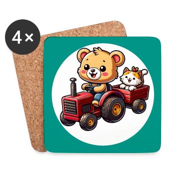 Petit ours en peluche promenades avec un chat mignon avec tracteur - Dessous de verre (lot de 4) - blanc - Devant