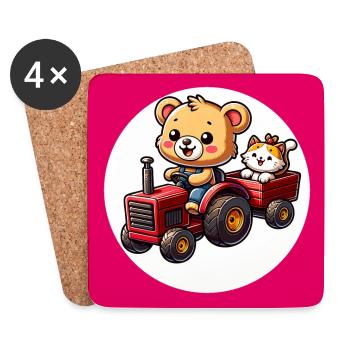 Petit ours en peluche promenades avec un chat mignon avec tracteur - Dessous de verre (lot de 4) - blanc - Devant