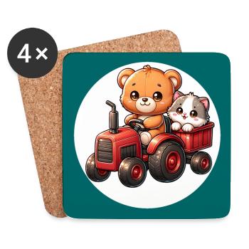Petit ours en peluche promenades avec un chat mignon avec tracteur - Dessous de verre (lot de 4) - blanc - Devant