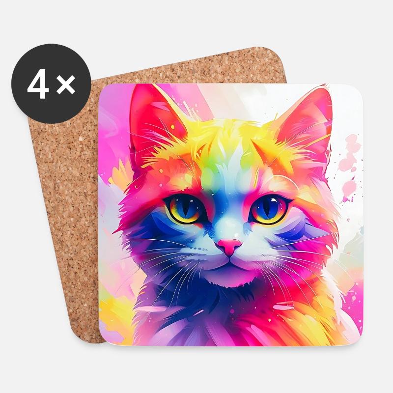 Lebendiges Regenbogenkatzen-Kunstwerk - Untersetzer (4er-Set) - Weiß