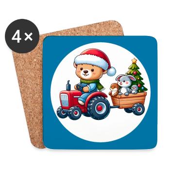 Weihnachtstraktor mit Teddybär, Hase, Katze, Ente - Untersetzer (4er-Set) - Weiß - Vorne