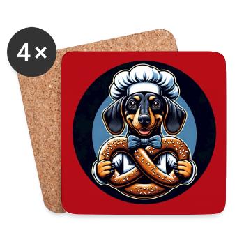 Dackel mit Bäckermütze und großer Brezel - Untersetzer (4er-Set) - Weiß - Vorne