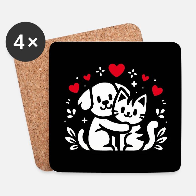 Cane e gatto innamorati, pace, amicizia - Sottobicchieri (set da 4 pezzi) - bianco