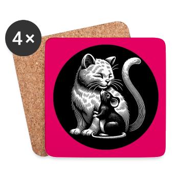 Katze und Maus in Freundschaft Frieden und Liebe - Untersetzer (4er-Set) - Weiß - Vorne