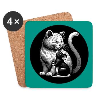 Katze und Maus in Freundschaft Frieden und Liebe - Untersetzer (4er-Set) - Weiß - Vorne