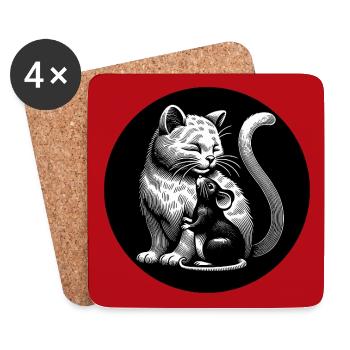 Katze und Maus in Freundschaft Frieden und Liebe - Untersetzer (4er-Set) - Weiß - Vorne