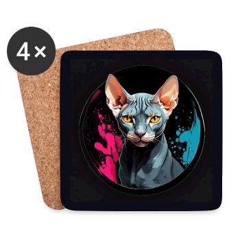 Portrait de chat Sphynx en technique aquarelle - Dessous de verre (lot de 4) - blanc - Devant
