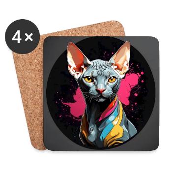 Portrait de chat Sphynx en technique aquarelle - Dessous de verre (lot de 4) - blanc - Devant