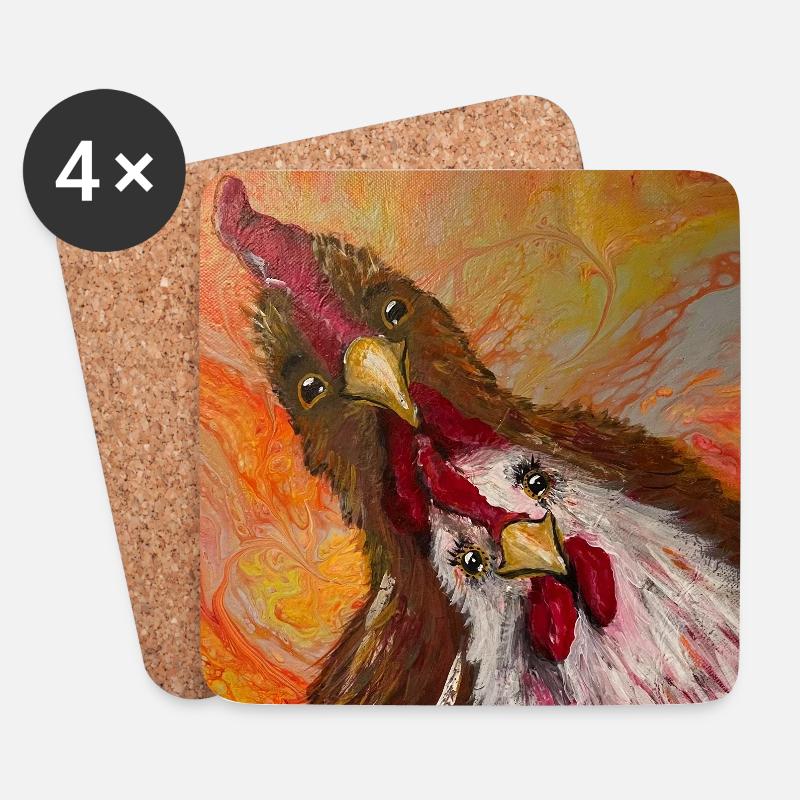Hahn und Huhn - Untersetzer (4er-Set) - Weiß
