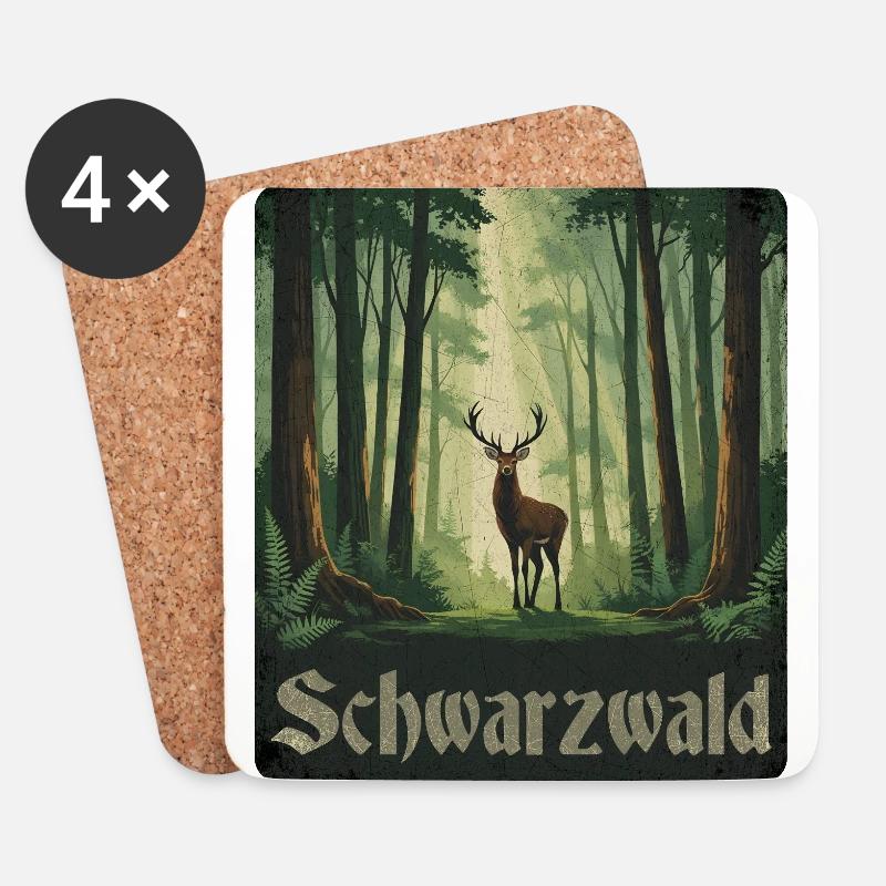 Schwarzwald mit Hirsch - Untersetzer (4er-Set) - Weiß