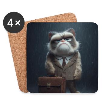Bürokatze im Regen - Untersetzer (4er-Set) - Weiß - Vorne