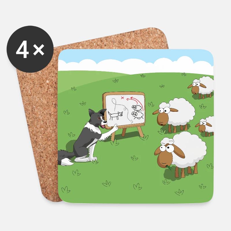 Border Collie mit Schafen Cartoon - Untersetzer (4er-Set) - Weiß