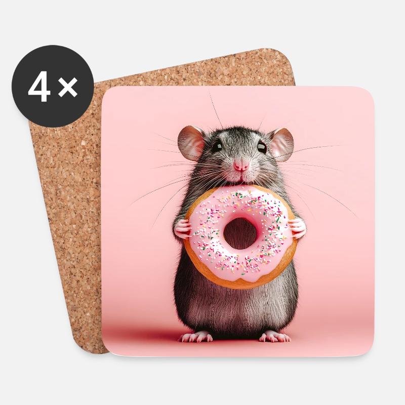 Süße Maus mit buntem Donut - Untersetzer (4er-Set) - Weiß