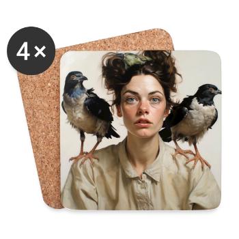 Jeune femme deux corbeaux oiseaux épaules Portrait - Dessous de verre (lot de 4) - blanc - Devant