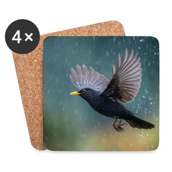 Merle noir sous la pluie Grive noire sous la pluie printanière - Dessous de verre (lot de 4) - blanc - Devant