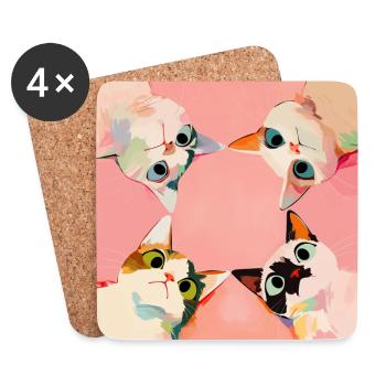 Quatre chats en cercle | Pastel Kawaii Motif - Dessous de verre (lot de 4) - blanc - Devant