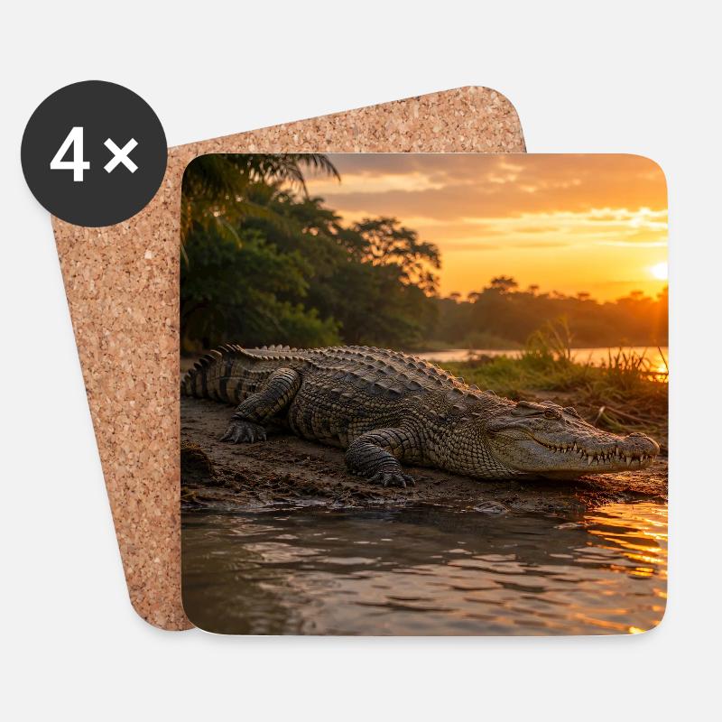 Sunset and crocodile by the river - Coasters (set of 4) - white