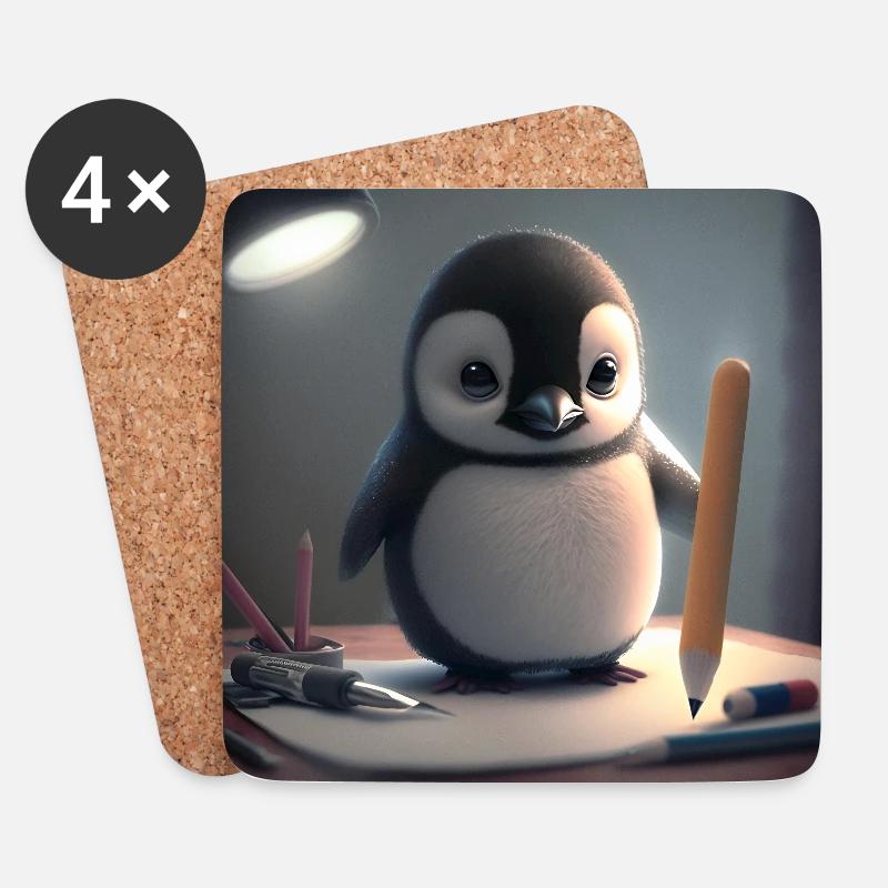 Pinguin Künstler am Tisch - Untersetzer (4er-Set) - Weiß