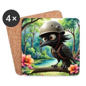 Corbeau éclaireur avec casque de forêt - Dessous de verre (lot de 4) - blanc - Devant
