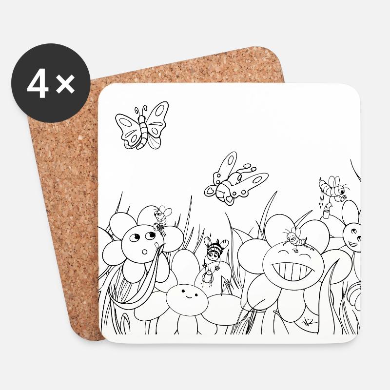 Ausmalbild "Blumen, Bienen & Schmetterlinge" - Untersetzer (4er-Set) - Weiß