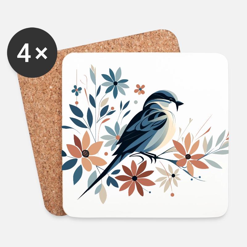 Kleiner Vogel mit Blumen - Untersetzer (4er-Set) - Weiß