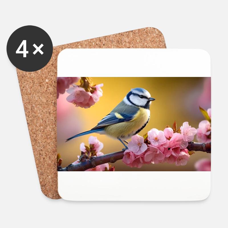 Blaumeise im Kirschbaum - Untersetzer (4er-Set) - Weiß