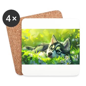 Drawing style puppy in green grass - Coasters (set of 4) - white - Front