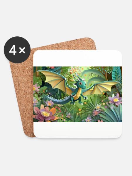 Drache im Urwald - Untersetzer (4er-Set) - Weiß