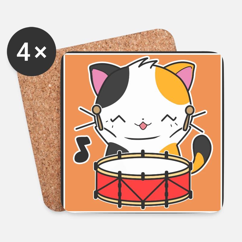 Katze mit Trommel - Untersetzer (4er-Set) - Weiß