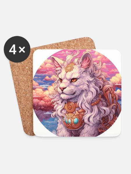 Fantasy Lion Cat - Coasters (set of 4) - white