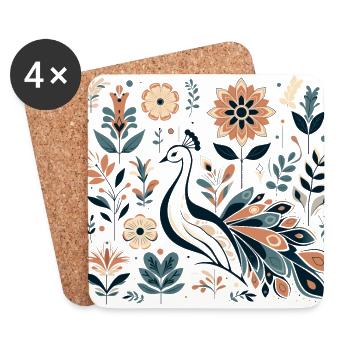 Floraler Pfau - Untersetzer (4er-Set) - Weiß - Vorne