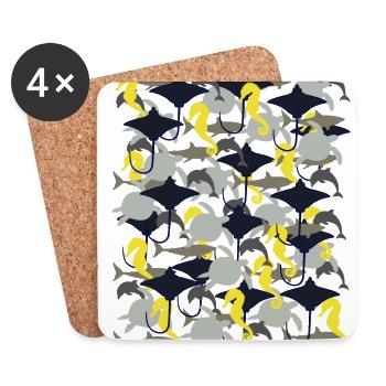 Raie, requin, dauphin, tortue de mer, hippocampe - Dessous de verre (lot de 4) - blanc - Devant