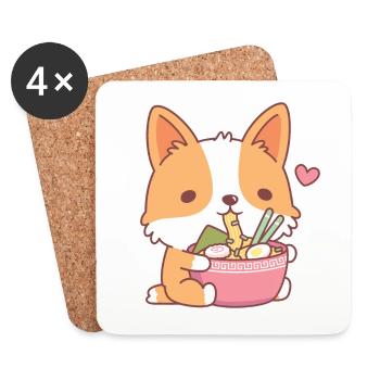 Mignon Corgi mangeant des nouilles ramen japonaises - Dessous de verre (lot de 4) - blanc - Devant