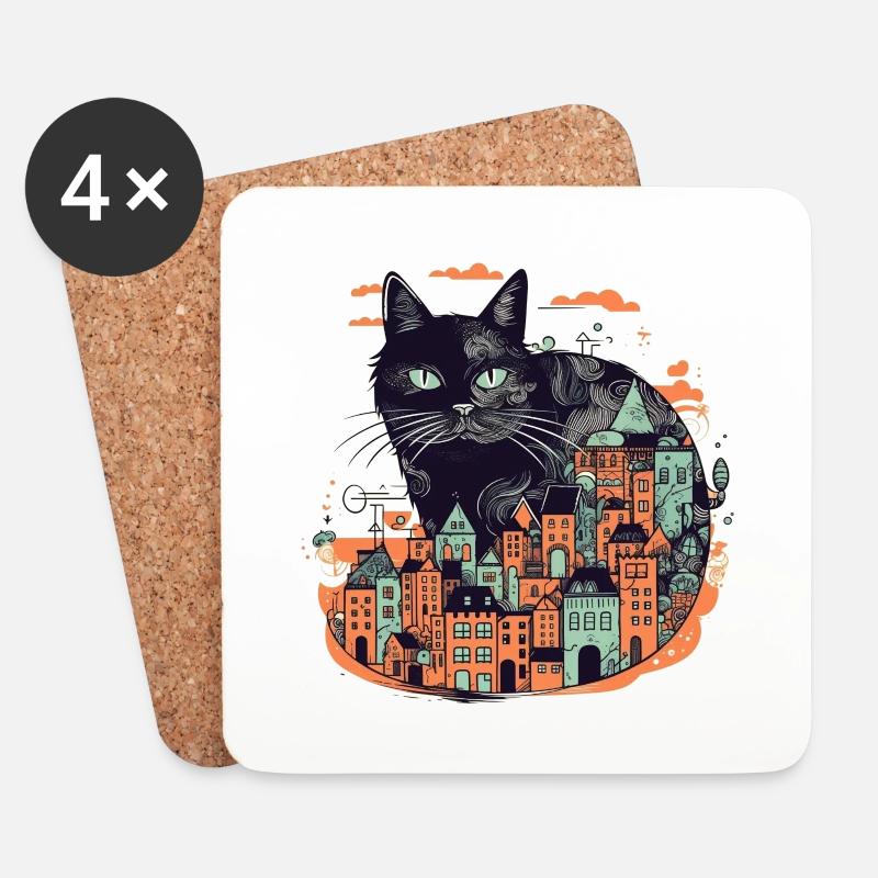 Schwarze Katze die vor einer bunten Stadt sitzt - Untersetzer (4er-Set) - Weiß