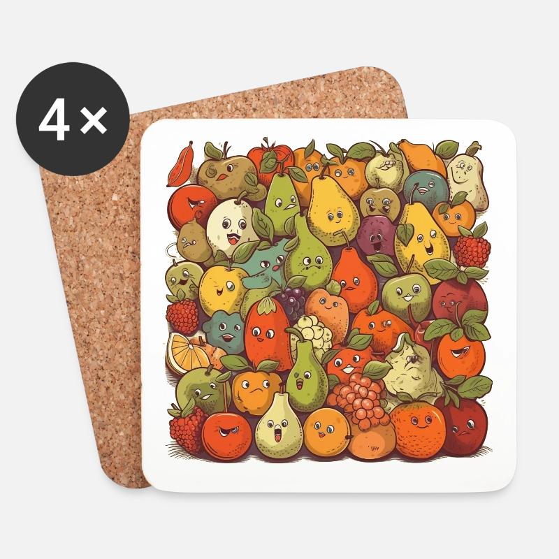 Lustige Comic Früchte, Cartoon Obst - Untersetzer (4er-Set) - Weiß