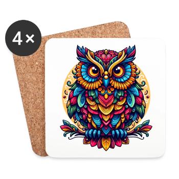 OWL EAGLE OWL BIRD OF PREY TAWNY OWL FEATHER RAINBOW COLORFUL - Coasters (set of 4) - white - Front
